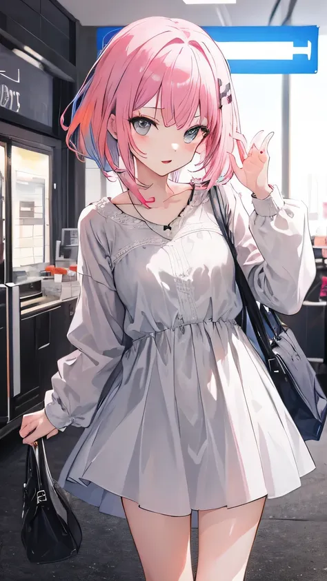 pink hair, grey eyes, cute anime girl, casual dress, hologram