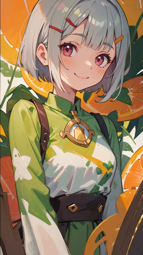 1 girl、solo、smile、smile、impression、(oil painting)、green and orange tones、short silver bob hair held together with a hair clip、pi...