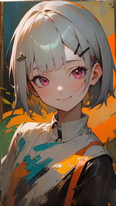 1 Girl、solo、smile、smile、impression、(Oil painting)、Green and orange tones、Short silver bob hair held together with a hair clip、Pink Eyes、Upper body close-up