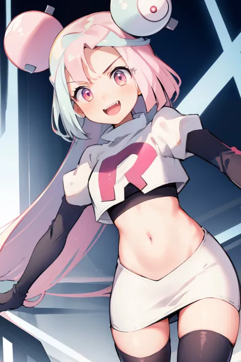 iono,1 girl,pink eyes,solo,smile,open mouth,fangs ,team rocket,team rocket uniform,white skirt,red letter R,crop top,black thigh-highs,black elbow gloves, cowboy shot