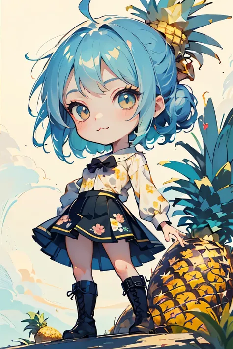 (masterpiece:1.2),(fresh pineapple:1.3)、(chibi body、small face、light blue hair color, short chignon hair、highly detailed eyes、go...