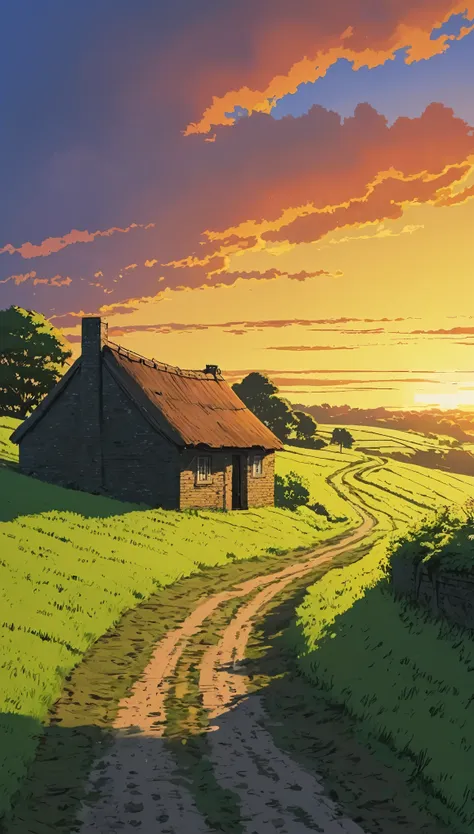 (minimalism:1.4), draw a simple tintin style art, an old brick hut!!!,,        lonely on a hill!!! a muddy road faintly sunset s...