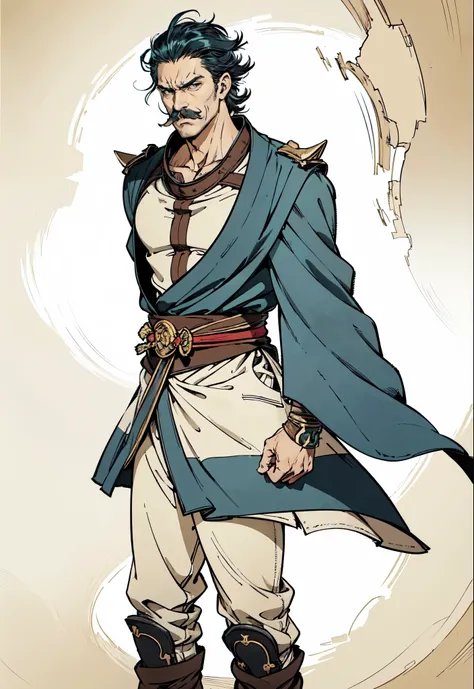 (masterpiece:1.2, best quality:1.2, extremely delicate:1.2), ((male:1.5)), a middle-aged man with blue spiky short hair, mustaches on his upper lip, a dignified long face, wise eyes, a fantasy martial arts-style green half-draped long robe, blue and white ...