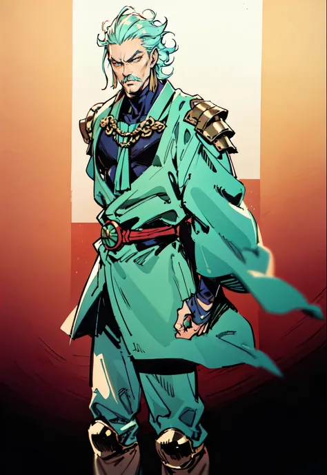 (masterpiece:1.2, best quality:1.2, extremely delicate:1.2), ((male:1.5)), a middle-aged man with spiky blue short hair, mustaches on his upper lip, a dignified long face, wise eyes, a fantasy martial arts-style green half-draped long robe, blue and white ...