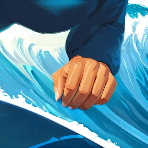 someone is surfing on a wave with their hands on the board, detailed digital painting, heavy gesture style closeup, low detailed...