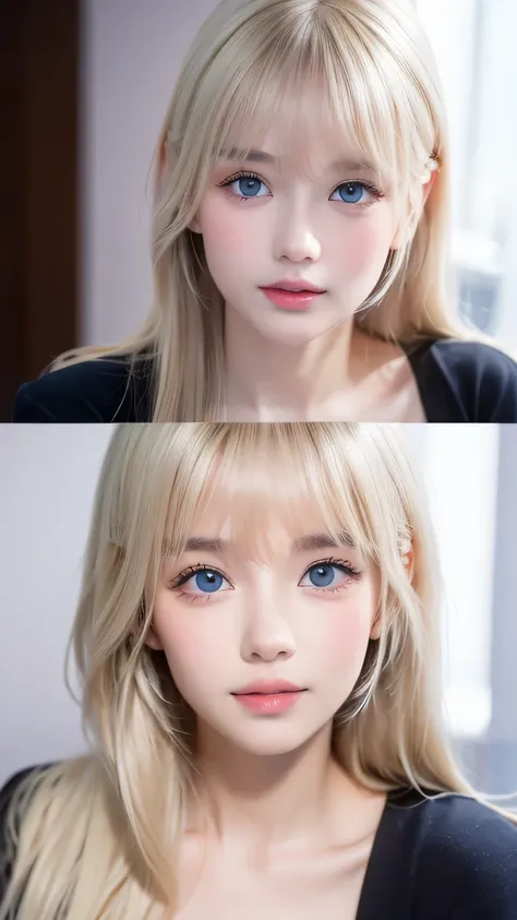 Beautiful teenage girl with very white skin、Very beautiful baby-faced girl、The ultimate beautiful girl、Silky long platinum blonde hair that flutters in the wind、Super long straight silky platinum blonde hair、、cute, sexy, Blonde with incredibly bright ligh...