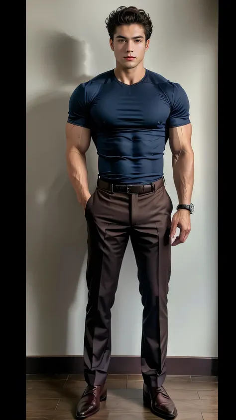 thin man, 1.76 meters high, very marked body, symmetrical and toned, fibrous muscles, full body, alpha male pose, short curly dark brown hair, brown eyes, He is wearing brown pants and a navy blue shirt and dark brown dress shoes.