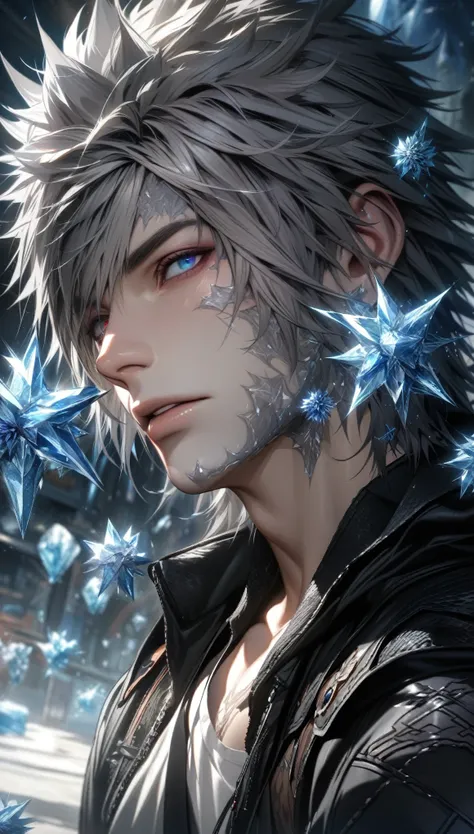 absurdres, highres, ultra detailed, HDR, masterpiece, extremely detailed face and eyes, extremely detailed features, Riku, gray spiky hair, heterochromia, left eye red, right eye blue, final fantasy xv, solo, sexy man, handsome, black jacket, gray shirt, i...