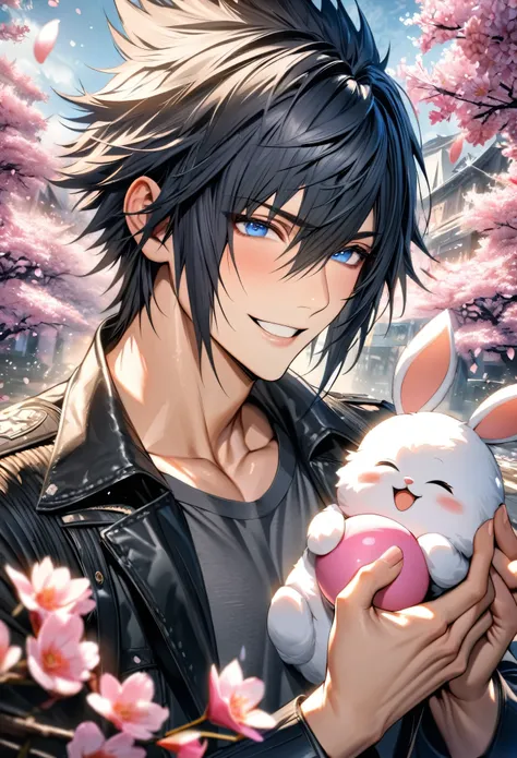 absurdres, highres, ultra detailed, HDR, masterpiece, extremely detailed face and eyes, extremely detailed features, Noctis Lucis Caelum, black hair, expressive blue eyes, final fantasy xv, solo, sexy man, handsome, black jacket, gray shirt, blossoms, pink...