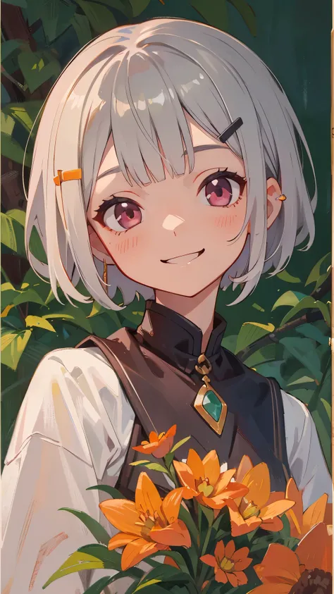 1 Girl、solo、smile、smile、impression、(Oil painting)、Green and orange tones、Short silver bob hair held together with a hair clip、Pink Eyes、Upper body close-up