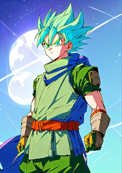 anime character with greenish blue hair and a green outfit standing in front of a moon, super saiyan blue, inspired by Granolah dragon ball, anime style character, best anime character design, dragon ball artstyle, dragon ball concept art, high quality ani...