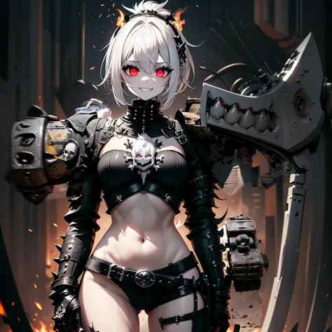 gothic punk girl. white skin. white hair. black clothes. black light armor. armor with mouth and tooth motifs. glowing red eyes....