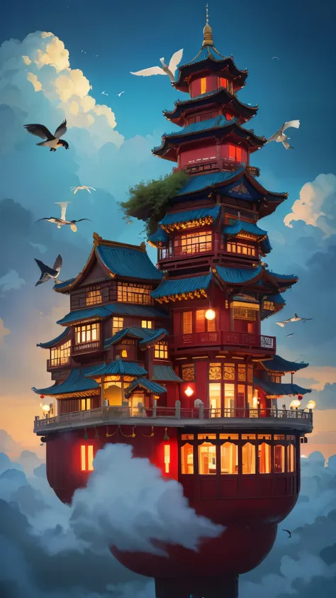 Color (Fantasy: 1.2), (traditional Chinese style), (irregular red building floating on the cloud), patchwork cottages, flower decorations, lights, concept art inspired by Andreas Rocha, Artstation contest winner, Fantasy art, (sky city), ross tran, light s...