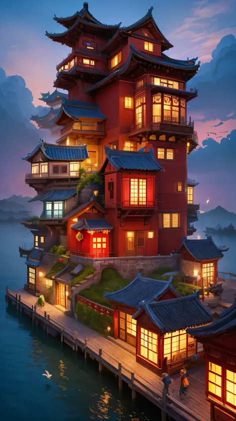 Color (Fantasy: 1.2), (traditional Chinese style), (irregular red building floating on the cloud), patchwork cottages, flower decorations, lights, concept art inspired by Andreas Rocha, Artstation contest winner, Fantasy art, (sky city), ross tran, light s...