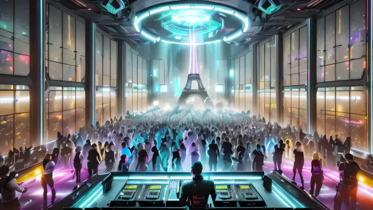 arafed image of a dj in a large room with a crowd of people, sci-fi night club, cyberpunk nightclub, very smoky cyberpunk paris bar, dj rave party, wonderfull techno , wonderful techno , “house music rave with dancers, nightclub, cinematic neon matte paint...