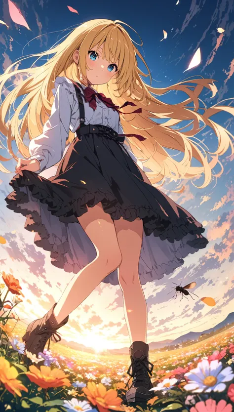 (masterpiece: 1.2), (Very detailed: 1.2), (Very detailed CG: 1.2), (High image quality: 1.2), (最High image quality), 8k, Anime illustration,far and near method, Background brushed eye shot, Ultra Wide Angle,  Flower Field、Girl sitting on the center chair、G...