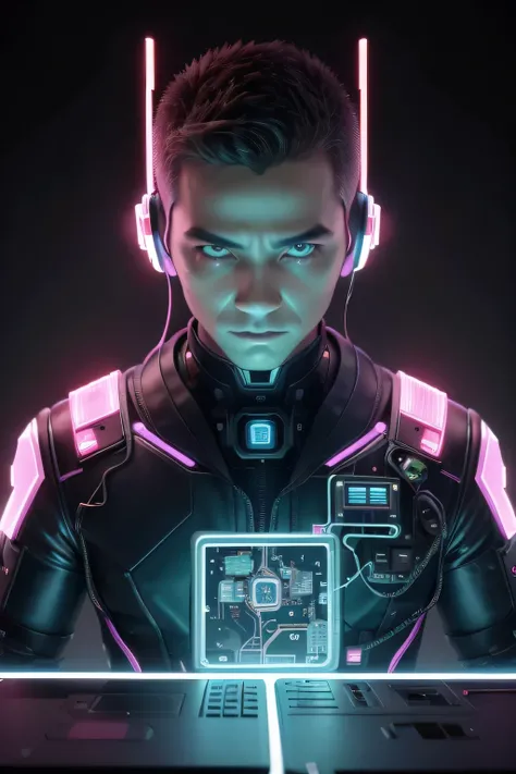 A detailed illustration of a futuristic male robot-niji figure with elements of cybernetics. The figure is wearing a green jacket with several colorful and unique patches. In place of the head, there is a complex electronic device, composed of various tech...