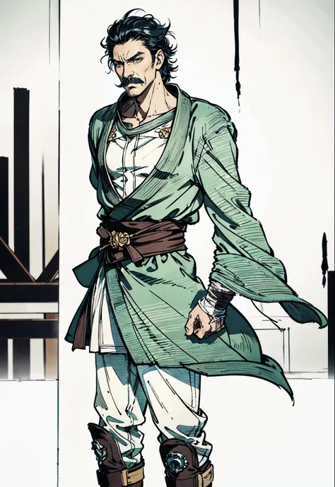 (masterpiece:1.2, best quality:1.2, extremely delicate:1.2), ((male:1.5)), a middle-aged man with blue spiky short hair, mustaches on his upper lip, a dignified long face, wise eyes, a fantasy martial arts-style green half-draped long robe, blue and white ...