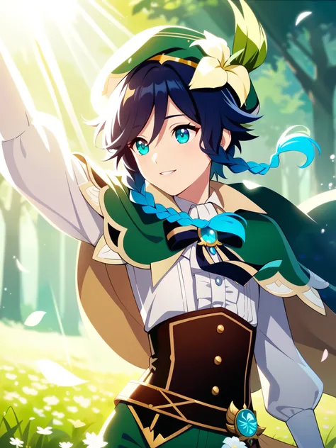 (best quality,4k,8k,highres,masterpiece:1.2),1boy,venti genshin impact,male_focus,realistic:.4,cel shading,flat chest,ultra-detailed,extremely delicate and beautiful, extremely detailed,CG,unity,light on face,hires,wallpaper, Amazing, finely detailed,heave...