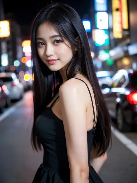 (Best-quality, Masterpiece, Ultra-High-Resolution, (Photorealistic:1.4), Raw Photo, depth of field, professional lighting), (1girl, ((15-years-old)), the most famous Japanese-actress), standing on street in midnight, ((wearing beautiful red-dress with erot...