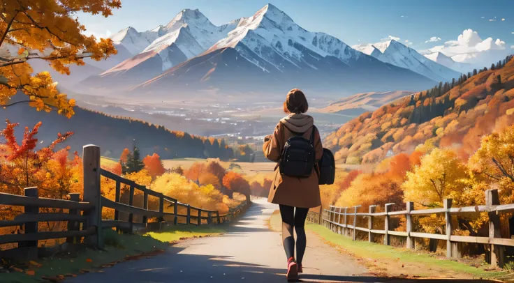 Autumn leaves, mountains, countryside, girl walking