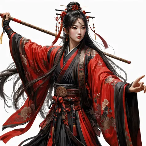 1w Super realistic oil painting, character design, full body photo, high definition, wearing red robe martial arts clothes black Chinese elements, 1 girl, one hand with stick, Chinese classical stick, ukiyo-e 3D rendering, white background, super clear pic...