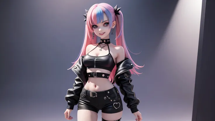 (masterpiece), (best quality), (ultra-detailed), realistic, hot goth girl, skinny goth girl, (full body: 1.2) teen, small hips, alluring, clear smile, full body, :3, multicolored hair, short, far away, fear, modern, sexy outfit, goth background , colorful,...