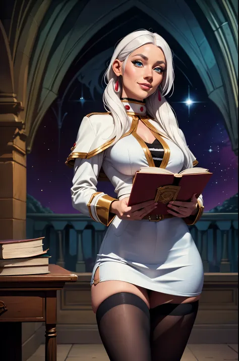 (highest quality:1.2, Very detailed, Latest, Vibrant, Ultra-high resolution, High Contrast, masterpiece:1.2, highest quality, Best aesthetics), Frieren as a Beautiful magic teacher, sexy, white hair, (naturally sagging small breasts:1.2), business suit, Ti...