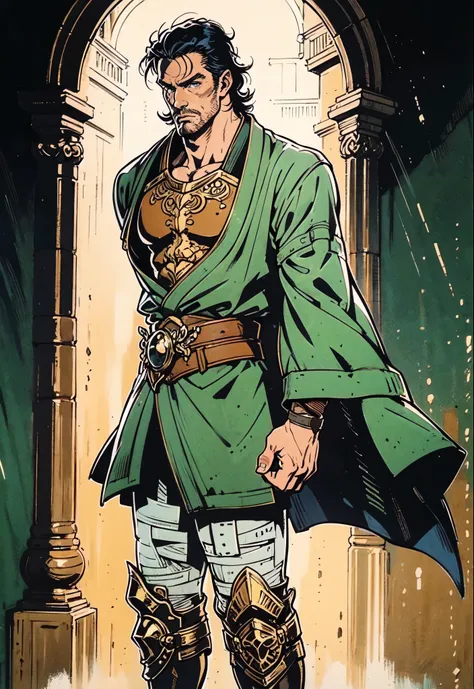 (masterpiece:1.2, best quality:1.2, extremely delicate:1.2), ((male:1.5)), a middle-aged man with spiky blue short hair, mustaches on his upper lip, a dignified long face, wise eyes, a fantasy martial arts-style green half-draped long robe, blue and white ...
