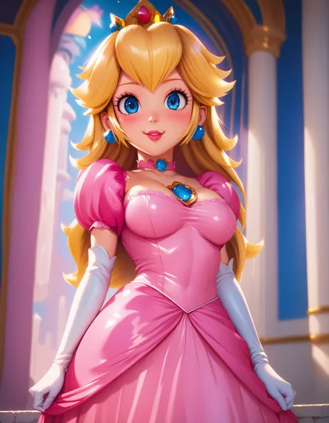 score_9, score_8_up, score_7_up, score_6_up, score_5_up, score_4_up, princess peach, yabuki kentarou artstyle, (front view), oily skin, blue eyes, long blonde hair, large breasts, (pink dress), (cleavage), sexy curves, (solo), standing, seductive pose, loo...