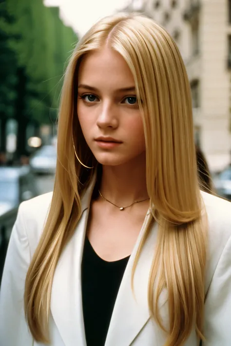 1993 movie, film still, 1girl, long blonde hair, gucci style,, Fujifilm, aesthetic, paris