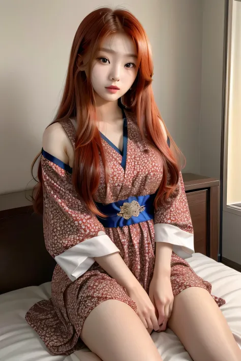 A close-up of a woman in a dress sitting on a bed., beautiful Asian girl, long hair,Red hair,beautiful young korean girl, Beautiful South Korean woman, Japanese goddess, korean girl, beautiful young korean woman, Asian girl, 2 , beautiful chinese model, 2,...