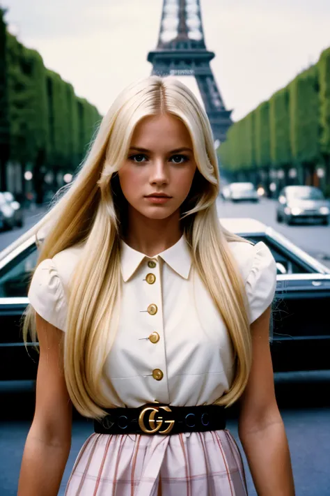 1983 movie, film still, 1girl, long blonde hair, gucci style, Fujifilm, aesthetic, paris