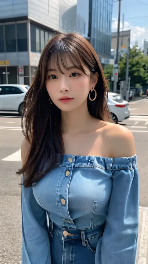 (8k, RAW Photo Best Quality, High resolution:1.1), (Ultra-realistic:1.4),(Realistic, Realistic:1.3),The Beauty of Japan、Height: 167cm、Weight 48kg、D Cup、A 2 beauty with dark, long hair under her bust、Waiting for a traffic light、Off the shoulder、jeans