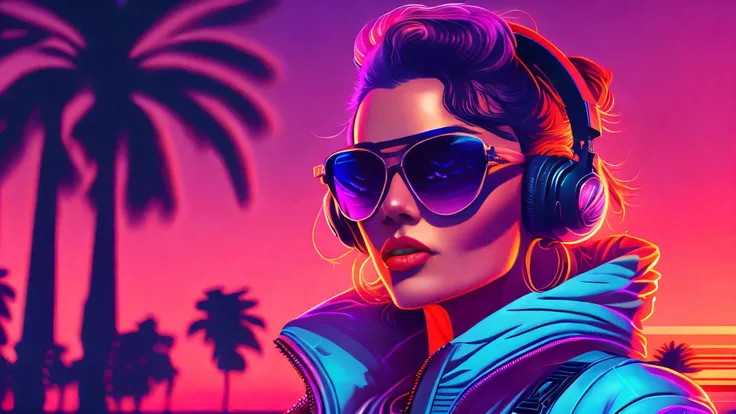 ((Best quality),(Masterpiece),(Amazing detail), illustration, synthwave beautiful caucasian woman, wearing sunglasses and headphone, high resolution, rzminjourney, vector-art,synthwave style,sunset,palm,outrun style,dreamy,future style,Digital art