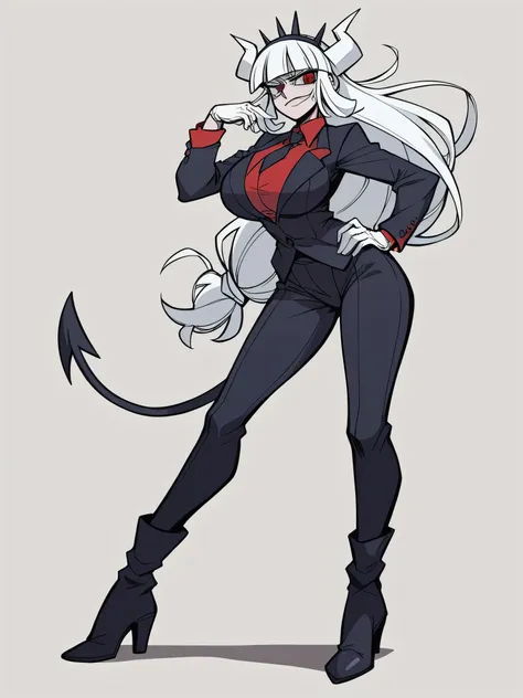 Masterpiece, Best quality, Masterpiece, Best quality, 1 woman , Lucifer (Helltaker) , Long white hair , Red eyes. , Sly face , Suit , กางเกงLong legs , Big Breasts , , abdomen , Long legs , Put your hands on your hips.. , Boots , Full body , I only see the...