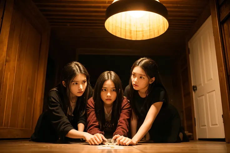 "Late at night in a dimly lit room, three anxious girls sit around a worn wooden kokkuri board placed on the floor. The small room is filled with an eerie silence, broken only by the faint flickering of a single candle, casting long, wavering shadows acros...