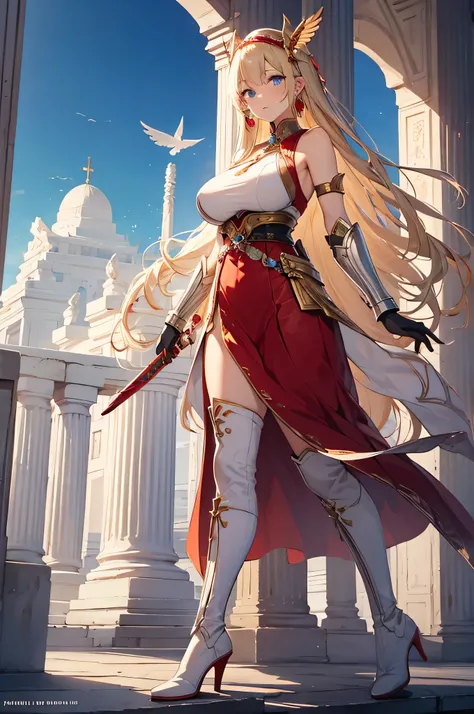 4K,High resolution,One Woman,Blonde,Long Hair,Blue Eyes,Huge boobs,Athena,Red sacred dress,Sleeveless,White sacred armor,White armor high heel boots,Red Armor Long Gloves,Winged headgear,Holy Sword,Jewelry decoration,Temple in the Sky