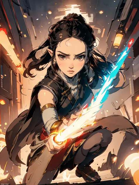 a full-body shot of princess zelda, black hair, red eyes, dressed as rey skywalker, 30 years old, mature, xl bust, gripping a on...