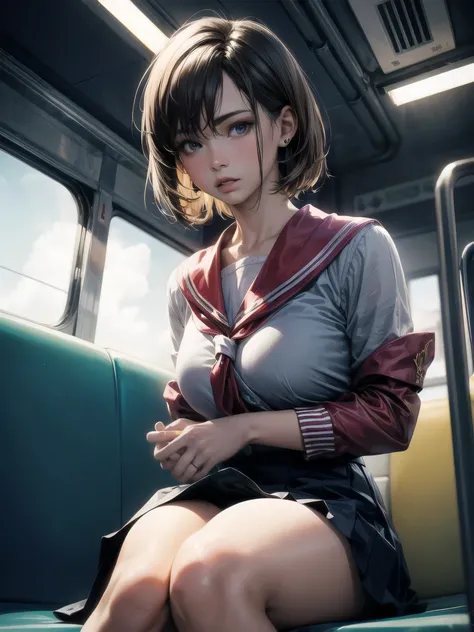 "(masterpiece, High resolution, Ultra High resolution, 4K) Brown Hair,Short Hair, Japanese Girls , Uniform skirt, Accentuate your thighs, White Rhinoceros, Soft thighs, Great thighs, Sitting on a train, Facing angle, (Angle from below),sitting on a train s...