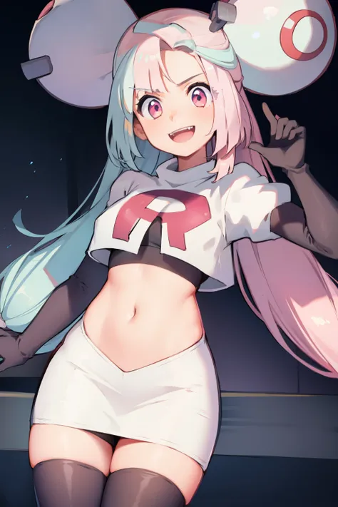 iono,1 girl,pink eyes,solo,smile,open mouth,fangs ,team rocket,team rocket uniform,white skirt,red letter r,crop top,black thigh...