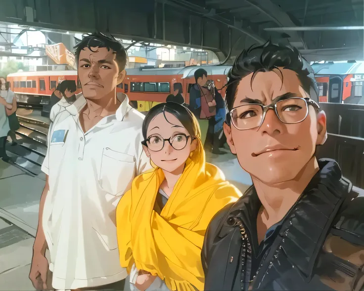 there are three people standing in a train station with a train in the background, with many travelers, very clear picture,  post, very very low quality picture, candid picture, husband wife and son, viral post, profile pic, at night time, vacation photo, ...