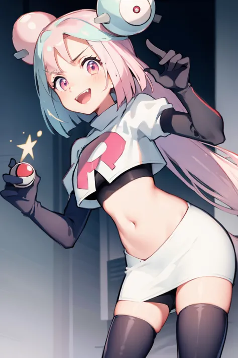 iono,1 girl,pink eyes,solo,smile,open mouth,fangs ,team rocket,team rocket uniform,white skirt,red letter R,crop top,black thigh-highs,black elbow gloves, cowboy shot