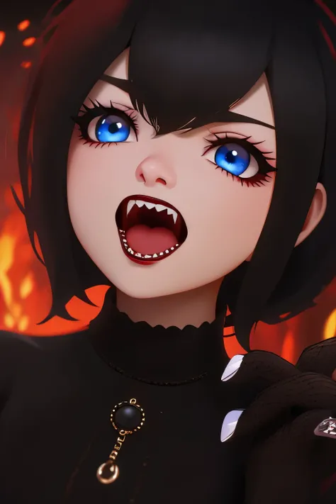 Close-up of Mavis, Alone , anger gestures, open mouth, show sharp fangs ,blue eyes , black plump lips ,full hd  , gothic makeup short hair bob style 