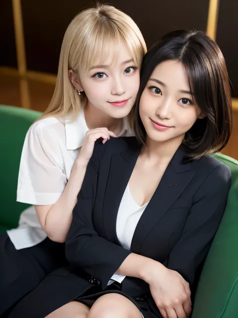 (Best-quality, Masterpiece, Ultra-High-Resolution, (Photorealistic:1.4), Raw Photo, depth of field, professional lighting), 
(((Lesbian couple of most famous 15-years-old Japanese-idol and most famous 35-years-old Japanese-actress, sitting on sofa, innocen...