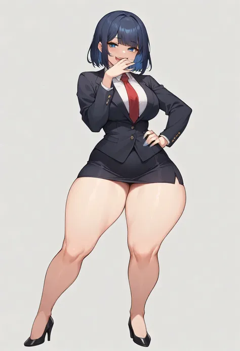 1adult woman, solo, long straight hair, hair bangs, bangs covering forehead, standing, dark blue hair,black blazer, white shirt, red tie, black pencil skirt, busty, thick thighs, wide hips, big soft thighs, shapely legs, black high heels, full body shown, ...