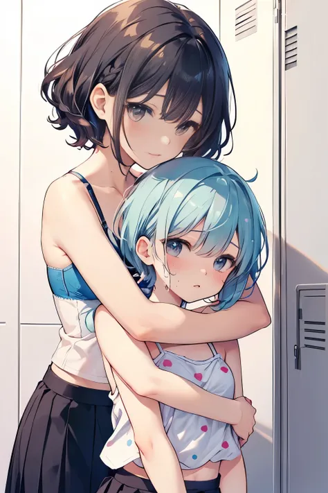 (Highest qualityのイラスト:1.2), (cute girl:1.1), (1 Girl, alone:1), (2 girls、、、、small、cute、cute、Small chest、Very detailedな目:1.2)、(Yuri、kiss、Hug from behind、grab、eyes half closed、eye contact:1.Sweat、I was embraced、blush:1.1)、 break White Bra、Pink good、Blue Bra、...