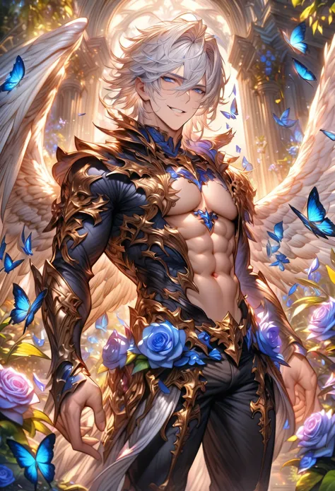 absurdres, highres, ultra detailed, HDR, master piece, best quality, Lucifer, white hair, hair between the eyes, expressive blue eyes, short hair, Granblue Fantasy, solo, sexy man, sensual, adult face, archangel, handsome, angel wings, black clothes, black...