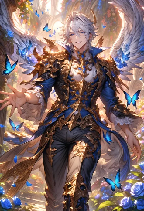 absurdres, highres, ultra detailed, HDR, master piece, best quality, Lucifer, white hair, hair between the eyes, expressive blue eyes, short hair, Granblue Fantasy, solo, sexy man, sensual, adult face, archangel, handsome, angel wings, black clothes, black...