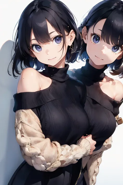 ((best quality)), ((masterpiece)), (detailed), off-shoulder sweater, fused merged skin looking at each other, two heads on one body no angle facing camera